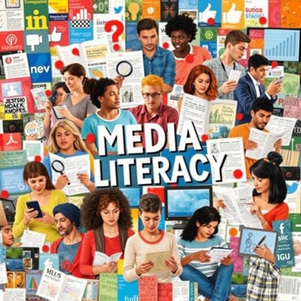 A vibrant collage art piece that highlights the importance of media literacy in people's lives