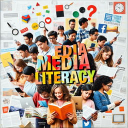 A vibrant collage art piece that highlights the importance of media literacy in people's lives