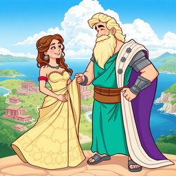 A vibrant cartoon illustration depicting Penelope and Odysseus, the legendary figures from Greek mythology, on the island of Ithaca