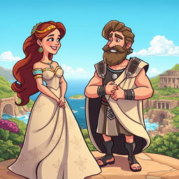 A vibrant cartoon illustration depicting Penelope and Odysseus, the legendary figures from Greek mythology, on the island of Ithaca