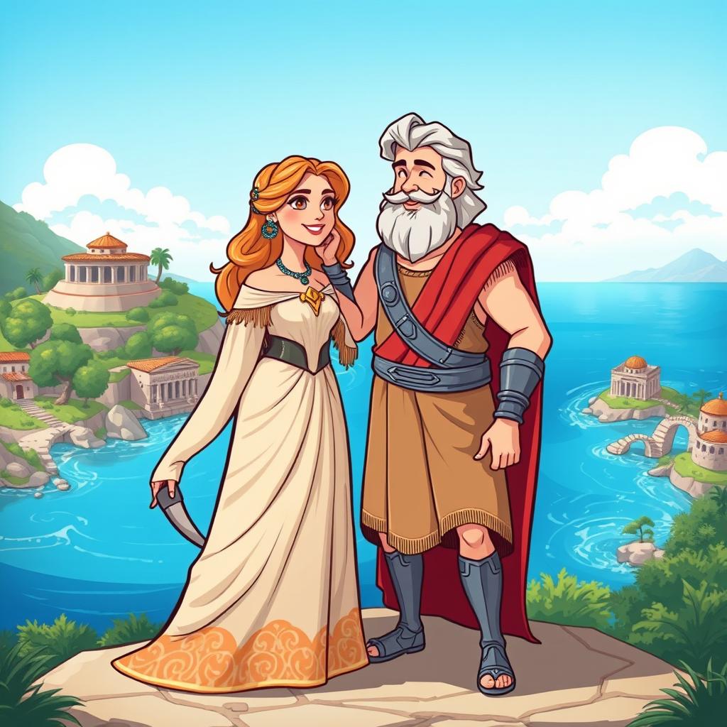 A vibrant cartoon illustration depicting Penelope and Odysseus, the legendary figures from Greek mythology, on the island of Ithaca