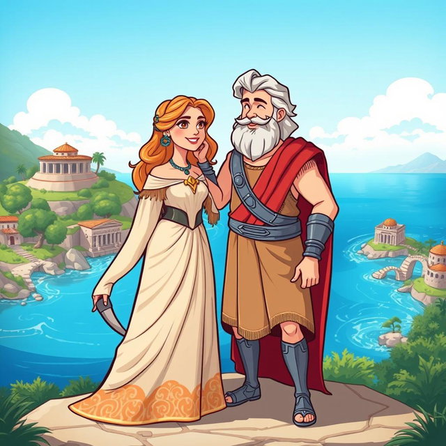 A vibrant cartoon illustration depicting Penelope and Odysseus, the legendary figures from Greek mythology, on the island of Ithaca