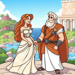 A vibrant cartoon illustration depicting Penelope and Odysseus, the legendary figures from Greek mythology, on the island of Ithaca