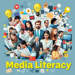 A vibrant collage art piece that illustrates the importance of media literacy in people's lives