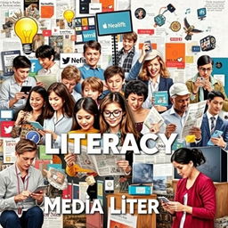 A vibrant collage art piece that illustrates the importance of media literacy in people's lives