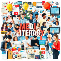 A vibrant collage art piece that illustrates the importance of media literacy in people's lives