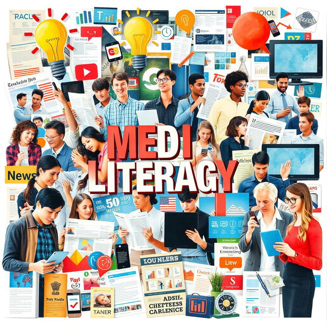 A vibrant collage art piece that illustrates the importance of media literacy in people's lives