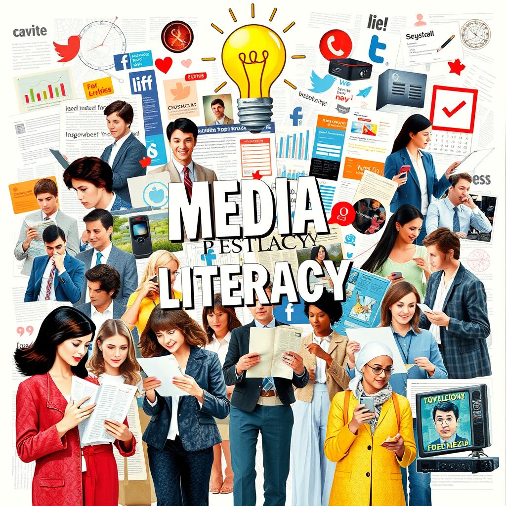 A vibrant collage art piece that illustrates the importance of media literacy in people's lives