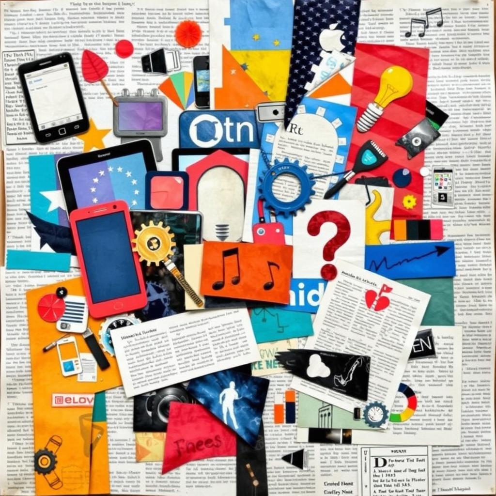 An abstract collage art piece that showcases the importance of media literacy in an individual's life