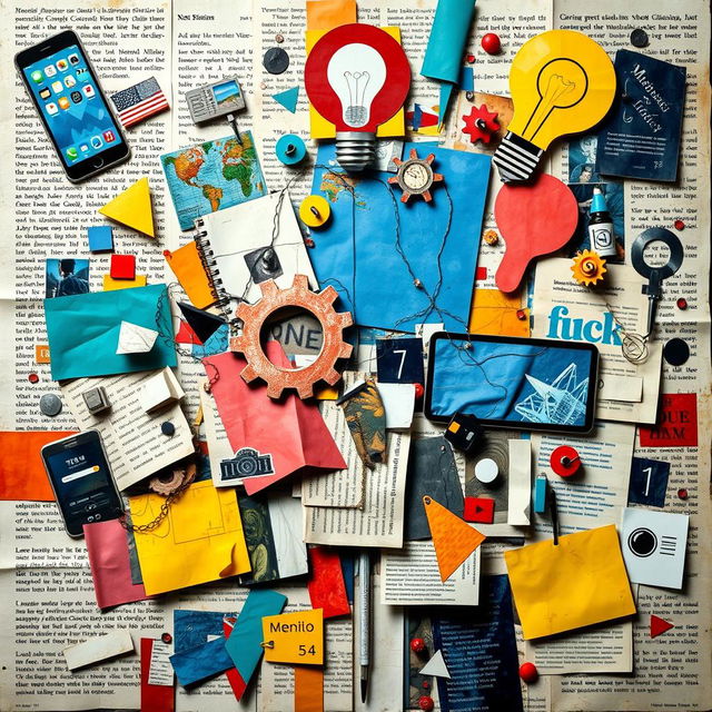 An abstract collage art piece that showcases the importance of media literacy in an individual's life