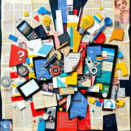 An abstract collage art piece that showcases the importance of media literacy in an individual's life