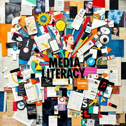 An abstract collage art piece that illustrates the significance of media literacy in an individual's life