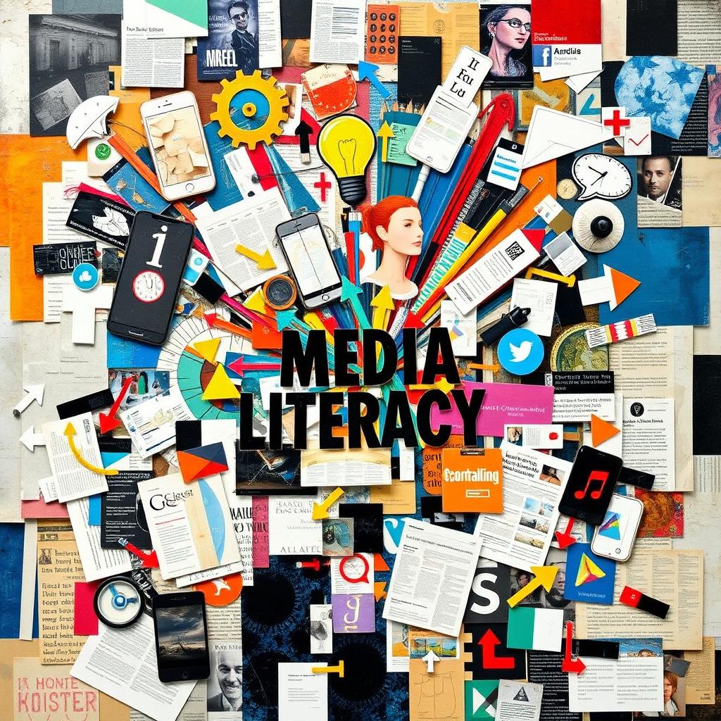 An abstract collage art piece that illustrates the significance of media literacy in an individual's life