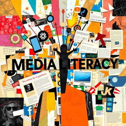 An abstract collage art piece that illustrates the significance of media literacy in an individual's life