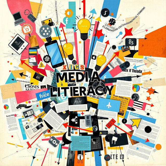 An abstract collage art piece that illustrates the significance of media literacy in an individual's life