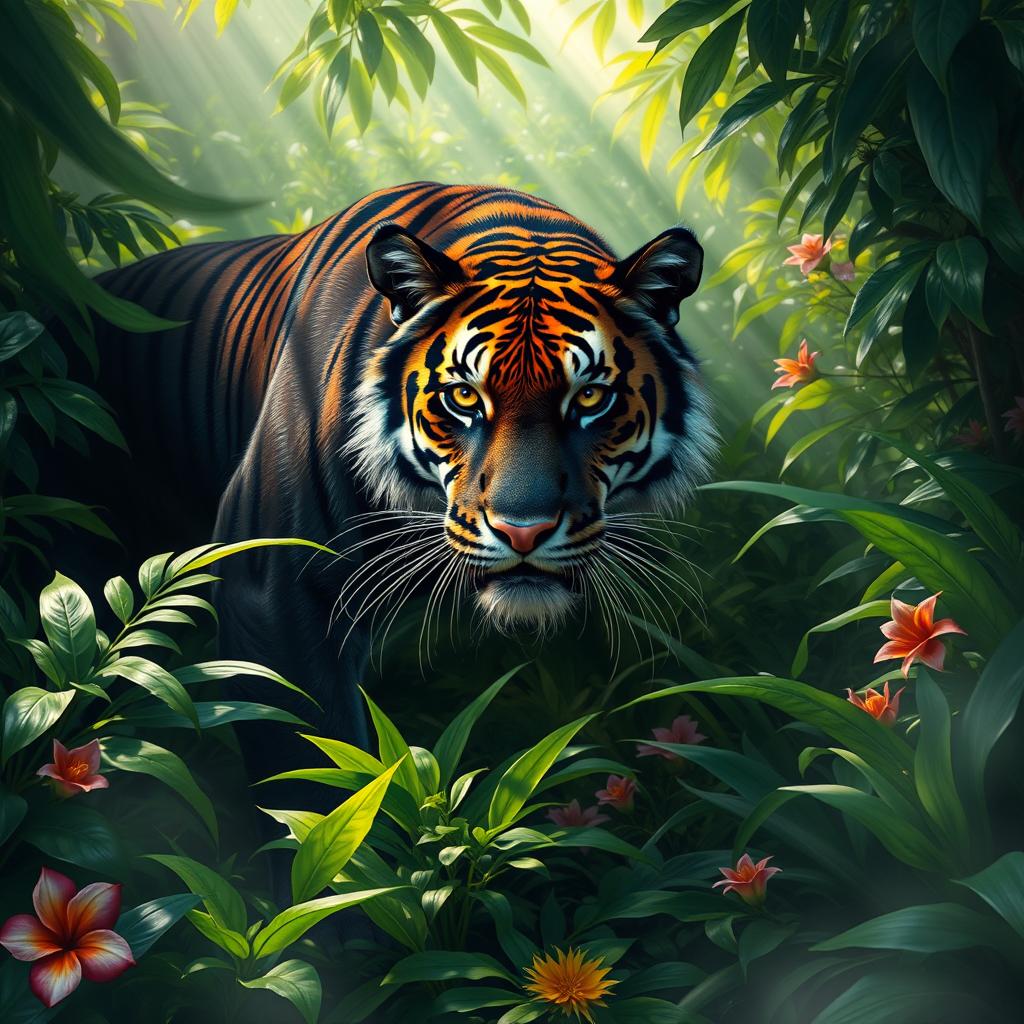 A majestic black tiger in a dense jungle setting, showcasing its striking dark fur and bold orange stripes