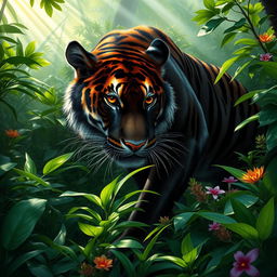 A majestic black tiger in a dense jungle setting, showcasing its striking dark fur and bold orange stripes
