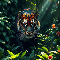 A majestic black tiger in a dense jungle setting, showcasing its striking dark fur and bold orange stripes