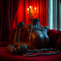 A visually striking image featuring a luxurious accessory themed around BDSM, prominently displaying high-quality leather restraints, intricately designed collars, and elegant chains