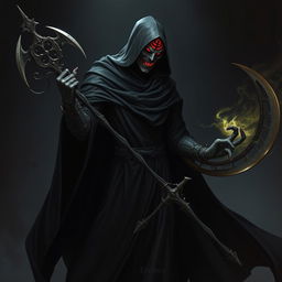 A tall, thin villain named Erebos cloaked in a flowing black robe that billows dramatically