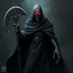 A tall, thin villain named Erebos cloaked in a flowing black robe that billows dramatically