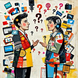 An abstract collage art piece illustrating the importance of media literacy in a person's life, featuring two people engaged in a conversation