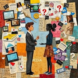 An abstract collage art piece illustrating the importance of media literacy in a person's life, featuring two people engaged in a conversation
