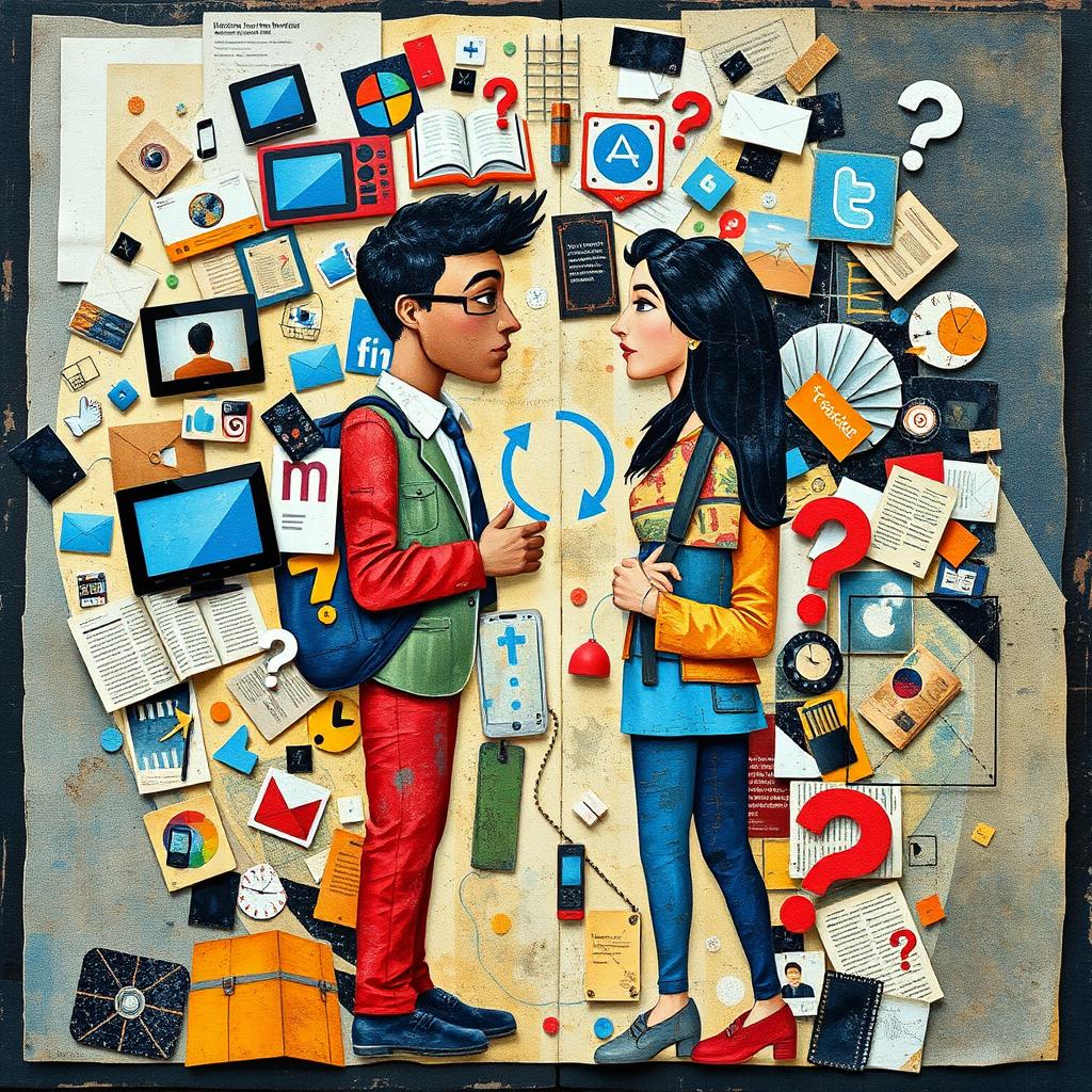 An abstract collage art piece illustrating the importance of media literacy in a person's life, featuring two people engaged in a conversation