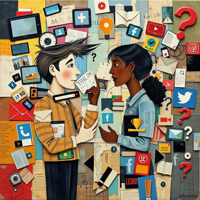 An abstract collage art piece illustrating the importance of media literacy in a person's life, featuring two people engaged in a conversation