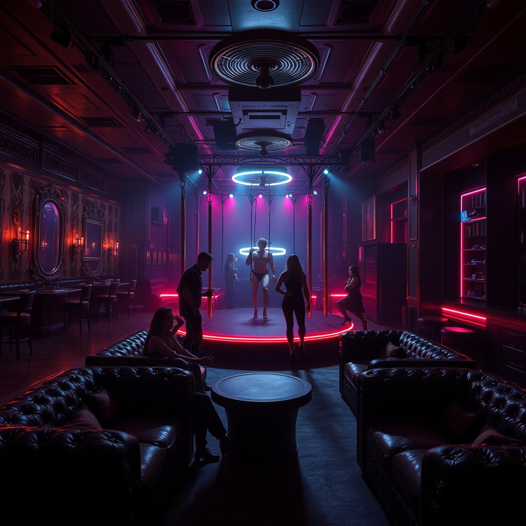 An immersive scene set in a bondage club, featuring a stylish interior with dim lighting, plush leather couches, and ornate decor