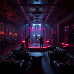 An immersive scene set in a bondage club, featuring a stylish interior with dim lighting, plush leather couches, and ornate decor