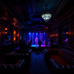An immersive scene set in a bondage club, featuring a stylish interior with dim lighting, plush leather couches, and ornate decor