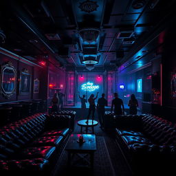 An immersive scene set in a bondage club, featuring a stylish interior with dim lighting, plush leather couches, and ornate decor