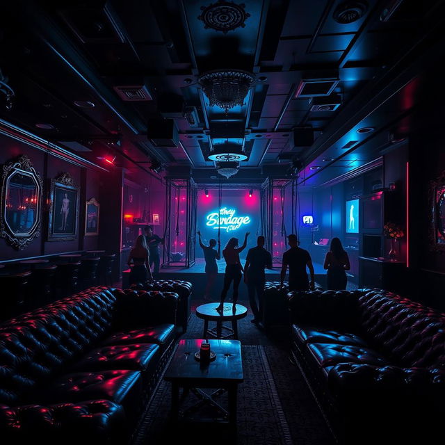 An immersive scene set in a bondage club, featuring a stylish interior with dim lighting, plush leather couches, and ornate decor