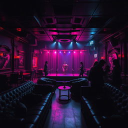 An immersive scene set in a bondage club, featuring a stylish interior with dim lighting, plush leather couches, and ornate decor