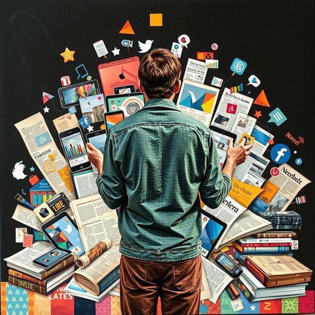 A collage art piece that emphasizes the importance of media literacy in a person's life, featuring a person's back as they engage with various forms of media