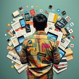 A collage art piece that emphasizes the importance of media literacy in a person's life, featuring a person's back as they engage with various forms of media