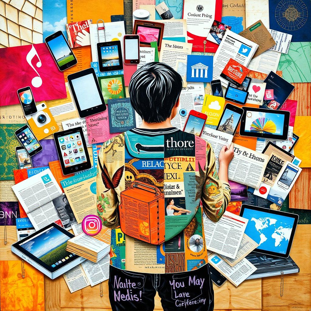 A collage art piece that emphasizes the importance of media literacy in a person's life, featuring a person's back as they engage with various forms of media