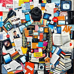A collage art piece that emphasizes the importance of media literacy in a person's life, featuring a person's back as they engage with various forms of media