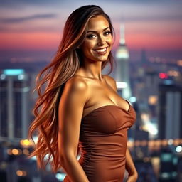 A stunningly beautiful woman with long flowing hair, wearing a form-fitting dress that accentuates her curves