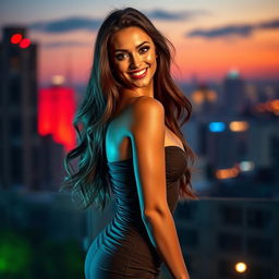 A stunningly beautiful woman with long flowing hair, wearing a form-fitting dress that accentuates her curves