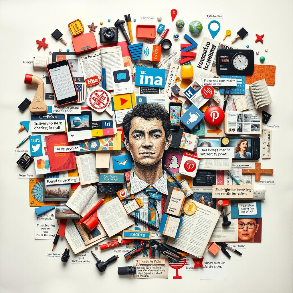 A creative collage art piece that showcases the importance of media literacy in a person's life