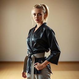 A stunning full body portrait of a beautiful woman who is a martial arts expert and dominatrix