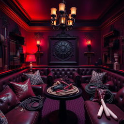 An inviting and sensual background of a bondage club, showcasing an array of BDSM accessories such as leather mittens, beautifully crafted whips, intriguing hammers, decorative gags, coils of bondage cords, and elegant dildos displayed tastefully