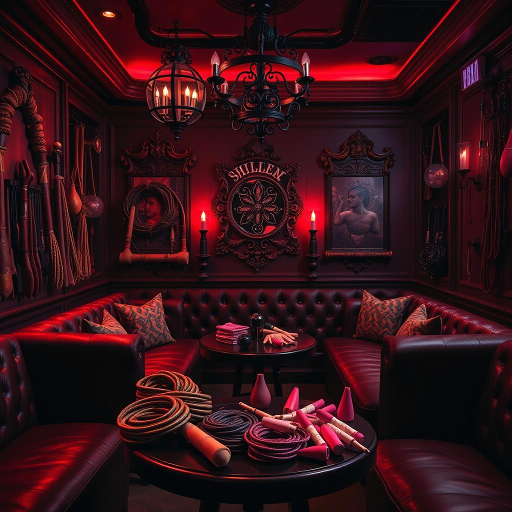 An inviting and sensual background of a bondage club, showcasing an array of BDSM accessories such as leather mittens, beautifully crafted whips, intriguing hammers, decorative gags, coils of bondage cords, and elegant dildos displayed tastefully