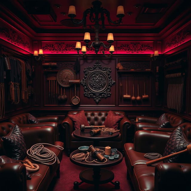 An inviting and sensual background of a bondage club, showcasing an array of BDSM accessories such as leather mittens, beautifully crafted whips, intriguing hammers, decorative gags, coils of bondage cords, and elegant dildos displayed tastefully