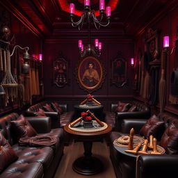 An inviting and sensual background of a bondage club, showcasing an array of BDSM accessories such as leather mittens, beautifully crafted whips, intriguing hammers, decorative gags, coils of bondage cords, and elegant dildos displayed tastefully
