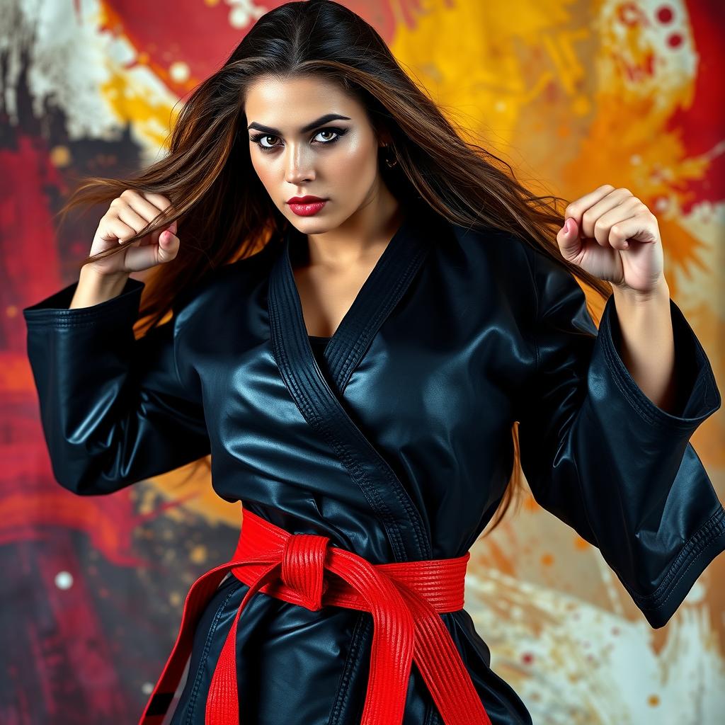 A strikingly beautiful woman in a dramatic pose, showcasing her mastery in martial arts