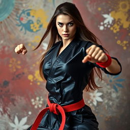 A strikingly beautiful woman in a dramatic pose, showcasing her mastery in martial arts