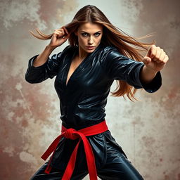 A strikingly beautiful woman in a dramatic pose, showcasing her mastery in martial arts